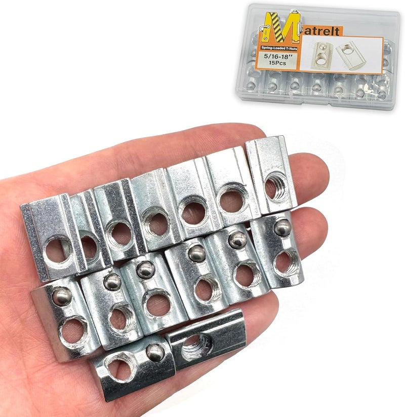 Matrelt 15-Piece 5/16"-18 Spring-Loaded T-Nuts with Ball Bearings Silver Zinc Plated Carbon Steel Spring T Slot Nut for 4040 Series/Slot 8 Aluminum Extrusions - Image 1
